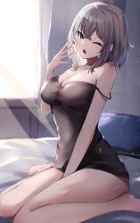 Rule 34 | 1girl, absurdres, bad id, bad twitter id, bare legs, between legs, black dress, breasts, commentary request, curtains, dress, green eyes, hand between legs, highres, hololive, indoors, large breasts, looking at viewer, medium hair, nanashinayuzu mochi, on bed, one eye closed, open mouth, shirogane noel, silver hair, sitting, solo, strap slip, virtual youtuber, wariza, yawning