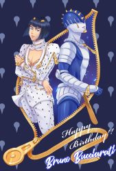Rule 34 | 2boys, black hair, blue eyes, blunt bangs, bob cut, bruno bucciarati, character name, chest tattoo, cleavage cutout, clothing cutout, fuyuo (k807120), hair ornament, hairclip, happy birthday, highres, jojo no kimyou na bouken, male focus, multiple boys, pectoral cleavage, pectorals, stand (jojo), sticky fingers (stand), tattoo, vento aureo, zipper