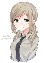Rule 34 | black necktie, dated, glasses, green eyes, highres, kantai collection, katori (kancolle), light brown hair, looking at viewer, necktie, one-hour drawing challenge, simple background, smile, solo, twintails, white background, yukichi (sukiyaki39)