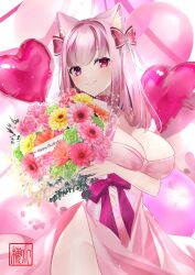 Rule 34 | 1girl, absurdres, alternate costume, animal ears, arm under breasts, balloon, blush, bouquet, bow, breast hold, breasts, cat ears, cleavage, closed mouth, commentary, cowboy shot, curvy, dress, flower, groin, happy birthday, highres, holding, holding bouquet, indie virtual youtuber, large breasts, looking at viewer, no panties, pink dress, red bow, shima koume, side slit, smile, solo, strapless, strapless dress, tenshouin himeno, virtual youtuber
