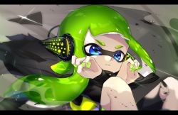 Rule 34 | 1girl, action, agent 3 (splatoon), amatya, black cape, black shirt, blue eyes, blunt bangs, cape, commentary, green hair, green nails, headgear, inkling, inkling girl, inkling player character, letterboxed, light frown, light particles, long sleeves, looking at viewer, motion blur, motion lines, nail polish, nintendo, parted lips, shirt, solo, sparkle, splatoon (series), splatoon 2, splatoon 2: octo expansion, squidbeak splatoon, tentacle hair, vest, yellow vest