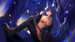 Rule 34 | 1girl, animal ears, black leggings, blue hair, blurry, blurry background, commission, dutch angle, forest, fox ears, fox girl, fox tail, highres, jacket, leggings, long hair, nature, off shoulder, open clothes, open jacket, original, petals, pixiv commission, red eyes, sitting, skirt, solo, tail, yoshizawa tsubaki