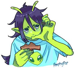 Rule 34 | 1girl, alien, amphypop, antennae, black eyes, black hair, blush, bread, bread slice, colored skin, commentary, eating, english commentary, finger in own mouth, food, green skin, holding, holding food, long hair, looking to the side, original, pointy ears, shirt, short sleeves, solo, t-shirt, toast
