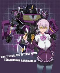 Rule 34 | 10s, 1girl, bow, bowtie, breasts, collared shirt, crossover, dark persona, english text, exacto knife, faceplate, glass shards, glasses, glowing, glowing eyes, gridman universe, headphones, highres, insignia, jacket, large breasts, light purple hair, mecha, optimus prime, optimus prime (sg), purple jacket, red eyes, robot, school uniform, shattered, shinjou akane, shirt, short hair, skirt, ssss.gridman, sunglasses, tinted eyewear, title, transformers, transformers shattered glass, white shirt, yellow-tinted eyewear, yellow-tinted glasses