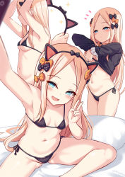Rule 34 | 1girl, abigail williams (fate), animal ears, bikini, black bikini, black bow, black dress, blonde hair, blue eyes, blush, bow, breasts, cat ears, dress, fate/grand order, fate (series), forehead, hairband, highres, long hair, looking at viewer, micro bikini, milkshakework, multiple bows, multiple views, navel, open mouth, orange bow, outstretched arm, parted bangs, polka dot, polka dot bow, ribbed dress, selfie, simple background, sitting, small breasts, smile, swimsuit, thighs, undressing, v, white background