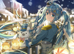 Rule 34 | 1girl, animal, beamed eighth notes, blue hair, blue headwear, blue jacket, blurry, blurry background, blush, bow, bowtie, building, closed mouth, commentary request, depth of field, eighth note, epaulettes, gloves, green eyes, hair between eyes, hat, hatsune miku, jacket, looking at viewer, looking back, mini shako cap, musical note, musical note print, night, night sky, outdoors, pink neckwear, rabbit, rabbit yukine, railing, shako cap, sky, smile, striped, striped bow, twintails, vocaloid, white bow, white gloves, yuki miku, yuki miku (2020), yuuka nonoko