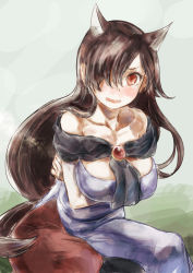 Rule 34 | 1girl, animal ears, blush, breast hold, breasts, brown hair, crossed arms, dress shirt, fangs, hair over one eye, imaizumi kagerou, large breasts, long hair, looking at viewer, low ponytail, open mouth, red eyes, shawl, shirt, solo, tail, touhou, wolf ears, wolf tail, yohane