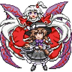 Rule 34 | 2girls, black footwear, black headwear, black skirt, braid, brown hair, capelet, commentary request, demon wings, dress, fedora, full body, hat, long hair, looking at viewer, lowres, multiple girls, one side up, pixel art, red capelet, red dress, reimufate, shinki (touhou), side braid, simple background, skirt, touhou, touhou (pc-98), touhou lostword, touhou ningyougeki, usami renko, white background, white hair, wings