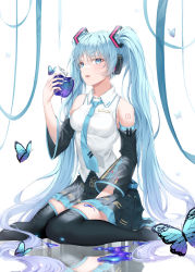 Rule 34 | 1girl, absurdres, apple, bad id, bad twitter id, bare shoulders, black footwear, black skirt, black sleeves, black thighhighs, blue butterfly, blue eyes, blue hair, boots, breasts, bug, butterfly, crying, crying with eyes open, detached sleeves, food, fruit, hatsune miku, highres, holding, holding food, holding fruit, insect, lisa 78, long hair, long sleeves, looking at viewer, medium breasts, miniskirt, pleated skirt, shirt, sitting, skirt, sleeveless, sleeveless shirt, solo, tears, thigh boots, thighhighs, twintails, very long hair, vocaloid, white shirt
