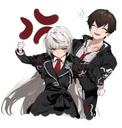 Rule 34 | 1boy, 1girl, absurdres, anger vein, black gloves, black hair, clenched hands, counter:side, gloves, highres, hilde (counter:side), joo shiyoon, lifting person, long hair, necktie, shisantian, short hair, simple background, white background, white gloves, white hair