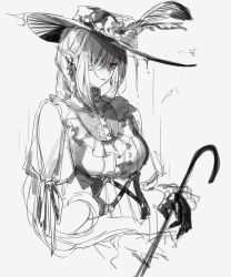 Rule 34 | 1girl, a9712mob, alternate costume, arknights, cane, commentary, dress, earrings, eyes visible through hair, flower, gladiia (arknights), greyscale, hair over one eye, hat, hat flower, highres, jewelry, monochrome, one eye covered, pointy ears, red eyes, simple background, sketch, solo, spot color, unfinished, upper body, white background