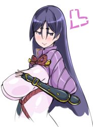 Rule 34 | 1girl, absurdres, bodysuit, bracer, breasts, commentary, fate/grand order, fate (series), highres, large breasts, long hair, minamoto no raikou (fate), parted bangs, pink bodysuit, purple eyes, purple hair, rei (rei rr), smile, solo, standing, upper body