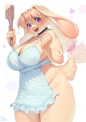 Rule 34 | absurdres, animal ears, apron, black choker, blonde hair, blush, breasts, brown fur, choker, clenched hand, furry, furry female, heart, highres, holding, holding spatula, huge breasts, inuki (aruurara), long hair, looking at viewer, naked apron, open mouth, original, purple eyes, rabbit ears, rabbit girl, rabbit tail, simple background, solo, sophia (aruurara), spatula, tail, white apron, white background