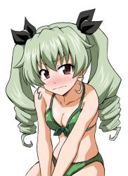 Rule 34 | 10s, 1girl, anchovy (girls und panzer), bikini, blush, breasts, cleavage, drill hair, embarrassed, female focus, front-tie bikini top, front-tie top, girls und panzer, green bikini, hair between eyes, hair ornament, hair ribbon, looking at viewer, ponzu rui, ribbon, simple background, sitting, solo, swimsuit, twintails, white background