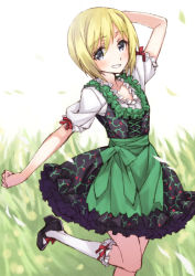 Rule 34 | 1girl, blonde hair, bow, dirndl, dress, erica hartmann, frills, german clothes, grass, grey eyes, leg up, matsuryuu, md5 mismatch, ribbon, short hair, smile, socks, solo, strike witches, traditional clothes, world witches series