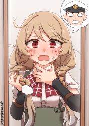 Rule 34 | 1girl, absurdres, admiral (kancolle), arm warmers, body switch, bow, bowtie, braid, cloud hair ornament, commission, gradient hair, highres, kantai collection, light brown hair, long hair, looking at mirror, looking at viewer, low twin braids, minegumo (kancolle), mirror, multicolored hair, namaata, personality switch, plaid, plaid bow, plaid bowtie, red bow, red bowtie, red eyes, reflection, shirt, skeb commission, solo, suspenders, twin braids, upper body, wavy mouth, white shirt