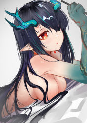 Rule 34 | 1girl, absurdres, ao oni (onioni-aoi), arknights, black hair, blush, breasts, cleavage, colored skin, completely nude, convenient censoring, dragon horns, dusk (arknights), dutch angle, earrings, gradient skin, green skin, hair censor, highres, holding, horns, jewelry, long hair, looking at viewer, lying, medium breasts, nude, on stomach, parted lips, pointy ears, red eyes, simple background, solo, upper body, very long hair, white background
