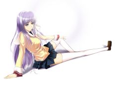 Rule 34 | 00s, 1girl, arm support, bad perspective, clannad, dormant wing, fujibayashi kyou, highres, long hair, purple eyes, purple hair, school uniform, solo, thighhighs