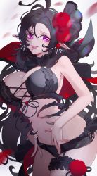 Rule 34 | 1girl, ahoge, black hair, breast strap, breasts, cape, character request, demon girl, destiny child, flower, flower ornament, hair flower, hair ornament, highres, large breasts, navel, pointy ears, purple eyes, red flower, red lips, red rose, rose, shorts, thigh strap, thighs, tongue, tongue out, wavy hair, yurika48597221
