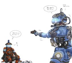 Rule 34 | 1boy, 1girl, animification, arrow (symbol), assault visor, b3 wingman, breasts, cable, can, can on head, gloves, glowing, grapple pilot (titanfall 2), gun, handgun, helmet, holding, holding gun, holding weapon, humanoid robot, kotone a, medium breasts, orange gloves, pilot (titanfall 2), piston, revolver, robot, science fiction, simple background, simulacrum (titanfall), sitting, speech bubble, stim pilot (titanfall 2), titanfall (series), titanfall 2, translation request, weapon, white background