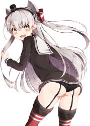 Rule 34 | 10s, 1girl, amatsukaze (kancolle), ass, ass grab, black panties, blush, brown dress, cowboy shot, dress, fang, from behind, garter straps, hair between eyes, hair ornament, hair tubes, highres, kantai collection, leaning forward, long hair, looking at viewer, nyum, open mouth, panties, red thighhighs, sailor dress, short dress, short eyebrows, silver hair, simple background, solo, striped clothes, striped thighhighs, thighhighs, thighs, two side up, underwear, white background, yellow eyes