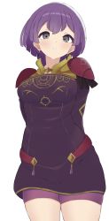 Rule 34 | 1girl, absurdres, arms behind back, bernadetta von varley, blush, breasts, commentary request, dress, earrings, fire emblem, fire emblem: three houses, grey eyes, highres, jewelry, kocha (jgug7553), medium breasts, medium hair, nintendo, parted lips, purple dress, purple hair, purple shorts, shorts, shorts under dress, simple background, solo, white background