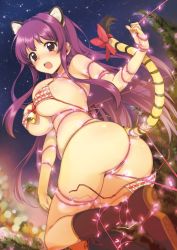 Rule 34 | 1girl, animal ears, ass, bell, bikini, blush, boots, breasts, brown footwear, cable, chii-chan kaihatsu nikki, entangled, highres, jingle bell, knee boots, large breasts, long hair, looking back, masshiro chisato, mucha (muchakai), open mouth, original, purple eyes, purple hair, solo, striped bikini, striped clothes, swimsuit, tail, teeth, tiger ears, tiger tail, tree, upper teeth only