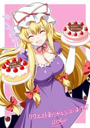 Rule 34 | 1girl, :d, absurdres, blonde hair, border, breasts, cake, choker, cleavage, closed eyes, collarbone, commentary request, dress, elbow gloves, food, gloves, hat, highres, large breasts, long hair, mob cap, open mouth, pink background, puffy short sleeves, puffy sleeves, purple dress, red ribbon, ribbon, ribbon choker, rise (rise19851203), short sleeves, sidelocks, smile, solo, strawberry shortcake, thigh gap, touhou, translation request, very long hair, white border, white gloves, white hat, yakumo yukari