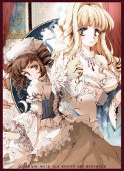 Rule 34 | 2girls, angel wings, blonde hair, blush, book, bow, breasts, brown hair, cleavage, corset, dress, drill hair, frills, grey eyes, hair ribbon, hat, huge breasts, jewelry, large breasts, long hair, looking back, multiple girls, necklace, original, pendant, ribbon, senkyoushi gondolf, short hair, smile, star (symbol), twin drills, twintails, wand, wings