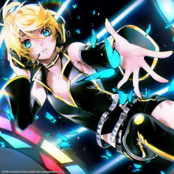 Rule 34 | 1boy, bad id, bad twitter id, belt, black background, black legwear, blonde hair, blue eyes, bug, butterfly, choker, chromatic aberration, crypton future media, detached sleeves, headphones, insect, kagamine len, male focus, mazamuno, nail polish, outstretched hand, parted lips, project diva (series), punkish (module), short hair, shorts, v-neck, vocaloid, yellow nails
