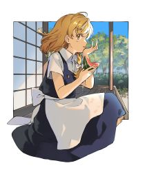 Rule 34 | 1girl, absurdres, ahoge, apron, barefoot, bite mark, black skirt, black vest, blonde hair, blouse, border, bow, braid, bush, buttons, collared shirt, commentary, eating, food, fruit, full body, hair bow, highres, kirisame marisa, licking, licking hand, looking at viewer, medium hair, natsume (menthol), no headwear, outdoors, porch, saliva, shirt, short sleeves, sideways glance, skirt, solo, summer, touhou, tree, vest, waist apron, watermelon, white apron, white border, white bow, white shirt, yellow eyes