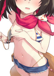 Rule 34 | 1girl, bikini, bikini under clothes, blue archive, blush, brown hair, covering breasts, covering privates, denim, denim shorts, fang, female focus, fox girl, fox tail, head out of frame, highres, izuna (blue archive), izuna (swimsuit) (blue archive), morisobo, multicolored bikini, multicolored clothes, nipple slip, nipples, open mouth, pink scarf, scarf, shorts, simple background, solo, striped bikini, striped clothes, swimsuit, tail, untied bikini, white background