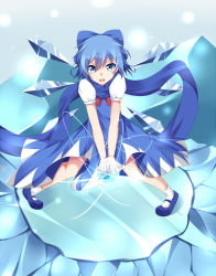 Rule 34 | 1girl, ankle socks, bad id, bad pixiv id, blue dress, blue eyes, blue hair, blue scarf, cirno, dress, energy ball, hair ribbon, highres, ice, legs apart, light particles, light trail, looking at viewer, mary janes, matching hair/eyes, open mouth, own hands together, ribbon, scarf, shoes, short hair, short sleeves, socks, solo, syumya (syakuku15mon), touhou, wings