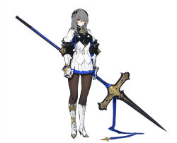 Rule 34 | 1girl, arms at sides, azur lane, black pantyhose, boots, corset, cross-laced footwear, diamond (shape), elbow pads, full body, gauntlets, grey hair, hair between eyes, hair ornament, high heel boots, high heels, holding, holding polearm, holding spear, holding weapon, huge weapon, kishiyo, lace-up boots, left-handed, legs apart, long hair, miniskirt, pantyhose, polearm, red eyes, saint-louis (azur lane), simple background, skirt, solo, spear, standing, weapon, white background, white footwear, white skirt