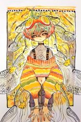 Rule 34 | 1other, androgynous, closed mouth, compound eyes, cowboy shot, cropped sweater, fishnet top, fishnets, green hair, hair between eyes, head tilt, head wings, insect wings, looking at viewer, multicolored clothes, multicolored hair, multicolored sweater, multiple wings, nail polish, navel, orange eyes, orange sweater, original, photo (medium), purple shorts, red hair, red nails, shima (wansyon144), short hair, shorts, smile, standing, sweater, traditional media, two-tone hair, watch, wings, wristwatch