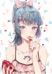 Rule 34 | 1girl, aqua nails, bad id, bad pixiv id, bare shoulders, blue hair, blush, bow, bowtie, camisole, collarbone, dangmill, earrings, eating, fingernails, food, frills, fruit, hair bow, hair ornament, hands up, jewelry, lips, long fingernails, long hair, looking at viewer, nail polish, necklace, open mouth, original, pink bow, pink lips, pomegranate, ponytail, purple eyes, red lips, solo, spaghetti strap, star (symbol), star hair ornament, striped bow, striped bowtie, striped clothes, striped neckwear, teeth, upper body