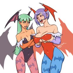 Rule 34 | 2girls, age switch, aged down, aged up, alternate breast size, alternate height, animal print, artist name, bare shoulders, bat print, black leotard, black wings, blanclauz, blue pantyhose, blush, breast envy, breasts, bridal gauntlets, capcom, cleavage, covered erect nipples, covered navel, crossed arms, dated, female focus, gloves, grabbing own breast, green hair, head wings, highres, large breasts, leotard, lilith aensland, long hair, looking at another, low wings, morrigan aensland, multiple girls, off shoulder, open mouth, orange gloves, pantyhose, print legwear, purple gloves, purple hair, purple legwear, red eyes, red leotard, red wings, role reversal, shiny clothes, shiny skin, short hair, simon (ttgl), small breasts, standing, vampire (game), very long hair, white background, white eyes, wings