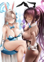 Rule 34 | 2girls, animal ears, ass, asuna (blue archive), asuna (bunny) (blue archive), back, bare shoulders, black hair, black leotard, blue archive, blue eyes, blue leotard, blush, bow, bowtie, breasts, cleavage, crossed legs, dark-skinned female, dark skin, detached collar, elbow gloves, fake animal ears, gloves, grin, hair over one eye, halo, highleg, highleg leotard, highres, karin (blue archive), karin (bunny) (blue archive), large breasts, leotard, light brown hair, long hair, looking at viewer, mole, mole on breast, multiple girls, number tattoo, playboy bunny, ponytail, rabbit ears, shoulder tattoo, sidelocks, sitting, smile, stool, tattoo, thighs, traditional bowtie, white gloves, yellow eyes, zasshu