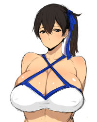 Rule 34 | 10s, 1girl, bad id, bad pixiv id, bare arms, bare shoulders, bikini, black eyes, black hair, blue ribbon, blush, breasts, cleavage, covered erect nipples, criss-cross halter, female focus, gigantic breasts, hair between eyes, hair ribbon, halterneck, huge breasts, kaga (kancolle), kantai collection, looking at viewer, neck, poin (hidsuki), ribbon, short hair, side ponytail, simple background, solo, sweatdrop, swimsuit, upper body, white background