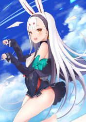 Rule 34 | 1girl, animal ears, arm ribbon, artist name, ass, azur lane, bare shoulders, black hairband, blue eyes, breasts, brown eyes, clenched hands, cloud, collared dress, commentary request, day, detached sleeves, dress, food-themed hair ornament, frilled dress, frills, green ribbon, hair ornament, hairband, happy, highres, jumping, long hair, looking at viewer, medium breasts, nipples, open mouth, orange hair ornament, paper airplane, rabbit ears, revealing clothes, ribbon, shimakaze (azur lane), shiny skin, short dress, sideboob, smile, solo, sparkling eyes, teeth, thighs, very long hair, white hair, zotari