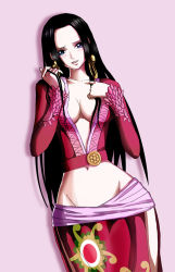 Rule 34 | 1girl, amazon lily, amazon warrior, black hair, blue eyes, boa hancock, breasts, cleavage, earrings, female focus, highres, jacket, jewelry, long hair, long skirt, looking at viewer, navel, one piece, red jacket, sash, side slit, skirt, solo