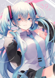 1girl, 39, ahoge, bangs, black legwear, black skirt, black sleeves, blue eyes, blue hair, blue nails, blue neckwear, breasts, closed mouth, collared shirt, commentary request, detached sleeves, eyebrows visible through hair, grey background, hair between eyes, hands up, hatsune miku, heart, highres, kuroi (liar-player), long hair, long sleeves, looking at viewer, nail polish, necktie, pleated skirt, shirt, sitting, skirt, sleeveless, sleeveless shirt, small breasts, smile, solo, thighhighs, tie clip, twintails, very long hair, vocaloid, white shirt