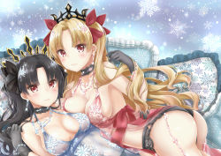 Rule 34 | 2girls, absurdres, artoria pendragon (lancer alter) (fate), artoria pendragon (lancer alter) (royal icing) (fate), black choker, black gloves, black hair, black headwear, black panties, black ribbon, blonde hair, blush, breasts, breasts apart, choker, cleavage, commentary request, earrings, ereshkigal (fate), fate/grand order, fate (series), gloves, hair ribbon, highres, ishtar (fate), jewelry, lingerie, long hair, looking at viewer, medium breasts, mikujin (mikuzin24), multiple girls, official alternate costume, panties, pillow, pixiv fate/grand order contest 1, red eyes, red ribbon, ribbon, royal icing, see-through, siblings, sisters, small breasts, snowflake background, snowflake print, tiara, two side up, underwear