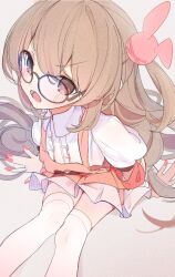 Rule 34 | 1girl, :o, apron, blonde hair, blush, brown eyes, center frills, collared dress, commentary request, dress, frills, glasses, hair ornament, highres, long hair, looking at viewer, nail polish, natori sana, one side up, open mouth, pink apron, pink nails, puffy short sleeves, puffy sleeves, rabbit hair ornament, sakana (user anug3337), sana channel, short sleeves, sitting, solo, thighhighs, v-shaped eyebrows, virtual youtuber, white dress, white thighhighs