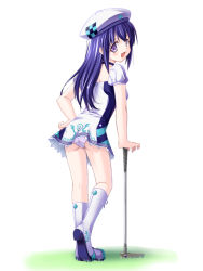 Rule 34 | 1girl, arin, atsushima you, back, beret, blue hair, boots, dress, from behind, golf, golf club, hand on own hip, hat, hip focus, knee boots, long hair, looking back, open mouth, pangya, panties, pantyshot, short dress, solo, standing, underwear, white panties