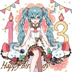 Rule 34 | 1girl, absurdly long hair, anniversary, aqua eyes, aqua hair, artist name, artist request, bare legs, bare shoulders, blue eyes, blue hair, bow, breasts, brown bow, brown skirt, candle, dress, dress bow, e2n04n, female focus, frilled dress, frills, hatsune miku, long hair, red neckwear, skirt, small breasts, solo, starwberry, striped clothes, striped dress, twintails, vertical-striped clothes, vertical-striped dress, very long hair, vocaloid, white dress