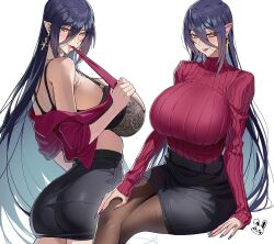 Rule 34 | 1girl, bare shoulders, biting, biting clothes, black pantyhose, blue hair, blush, breasts, celyn404, cross, cross earrings, crossed legs, daisy (sleepyhead), earrings, fang, from behind, hair between eyes, highres, jewelry, large breasts, long hair, looking at viewer, miniskirt, multicolored hair, multiple girls, original, pantyhose, pointy ears, purple nails, simple background, sitting, skirt, slit pupils, smile, sweater, thighs, two-tone hair, underwear, white background, yellow eyes