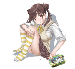 Rule 34 | 1girl, :p, beige vest, blush, box, breasts, brown eyes, brown hair, brown skirt, collared shirt, commentary request, cookie, double bun, food, food on face, hair bun, hamedoragon, hugging own legs, idolmaster, idolmaster shiny colors, kneehighs, knees up, looking at viewer, medium breasts, neck ribbon, panties, pantyshot, plaid, plaid skirt, pleated skirt, revision, ribbon, school uniform, shirt, sidelocks, simple background, sitting, skirt, sleeves rolled up, smile, socks, solo, sonoda chiyoko, striped clothes, striped footwear, takenoko no sato, thighs, tongue, tongue out, twintails, two-tone legwear, underwear, uniform, vest, white background, white panties, white shirt, yellow ribbon