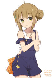 Rule 34 | 1girl, 2017, ahoge, blush, brown hair, closed mouth, collarbone, copyright name, cowboy shot, dated, double bun, hair between eyes, hair bun, looking at viewer, ootani nyuu, overall shorts, overalls, ragho no erika, simple background, smile, solo, sukurizo!, white background