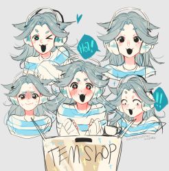 Rule 34 | !, !!, &gt; o, + +, 1girl, :3, :d, artist name, black eyes, box, cardboard box, character sheet, expressions, fangs, grey background, grey hair, headphones, heart, heart-shaped pupils, highres, looking at viewer, one eye closed, open mouth, ozumii, personification, simple background, sleeves past wrists, smile, sparkle, striped clothes, striped sweater, sweat, sweater, symbol-shaped pupils, temmie, undertale
